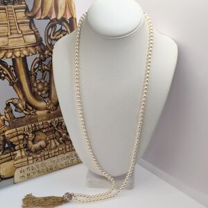 J. Crew White and Gold Necklace Classic Pearl Strand With Gold Fringe Tassel